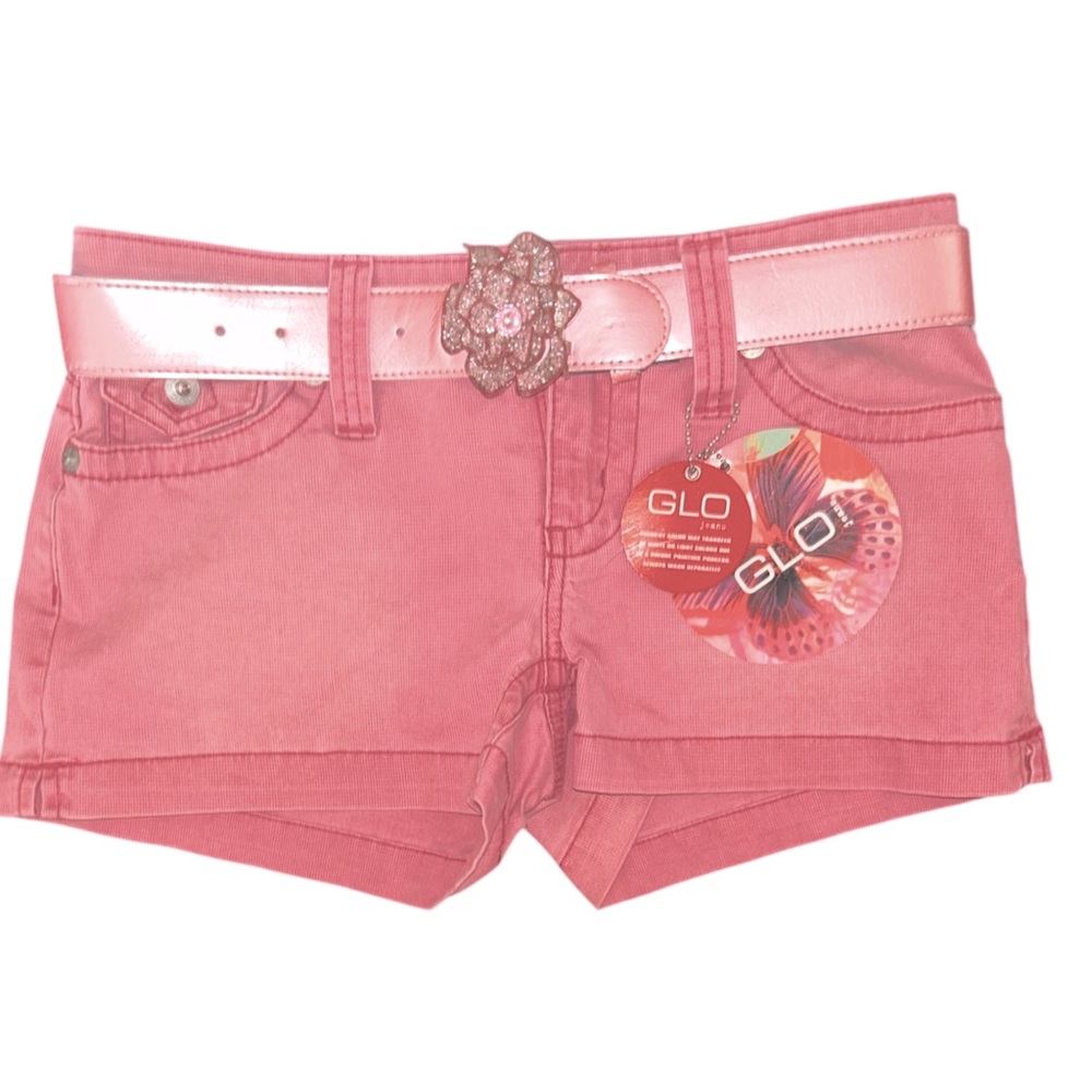 GLO jeans Women's Pink Shorts with Lame Rhinestone Flower Belt